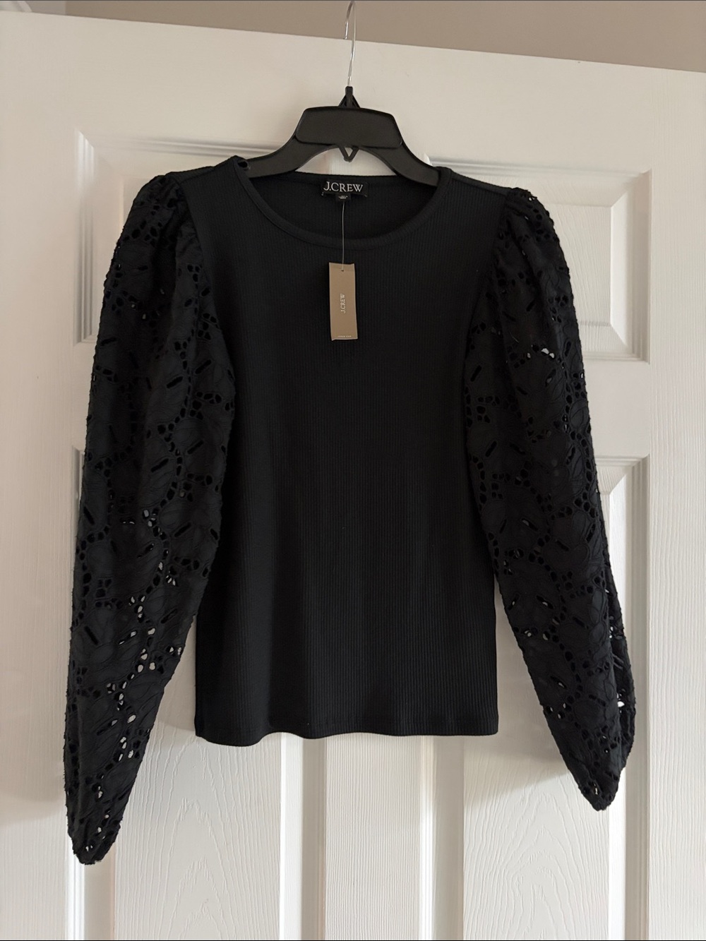 J. Crew Black Ribbed Top with Eyelet Puff Sleeves
